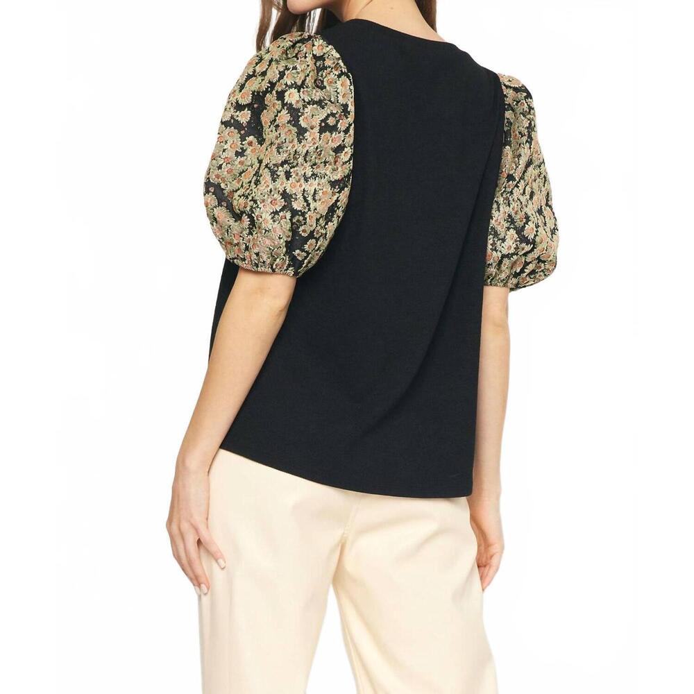 NEW ENTRO floral jacquard sleeve top in black - Picture 4 of 7